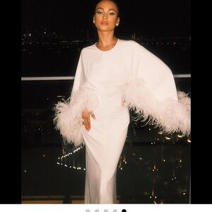 Elegant White Long Sleeve Dress with Feather Details